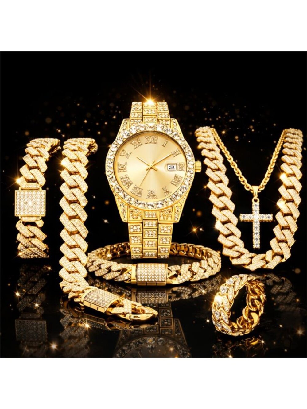 Luxury Men's Watch Set Including Artificial Gemstone Cuban Link Bracelet and